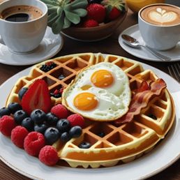 Look at this delicious waffle with eggs berries yummy and bacon it looks so good