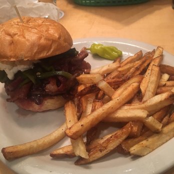 Mountain Sun Pub & Brewery - Date night burger with fries - Pubs Near Me - Boulder, Colorado