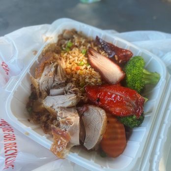 Kau Kau Barbeque - lunch special plate  BBQ Pork Roasted Duck Chicken Fried Rice - Barbeque Near Me - Seattle, Washington