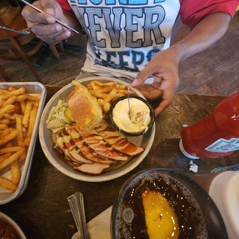 Edley's Bar-B-Que - Turkey Platter, Fries, Banana Pudding, slaw and pickles on the side with jalapeño cornbread - Barbeque Near Me - Chattanooga, Tennessee