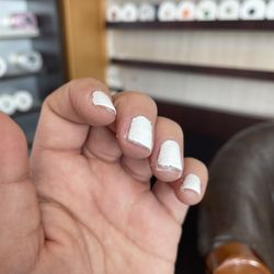This is deluxe manicure and nail polish. zero product utilized during the manicure and just buffing nails with white polish.
