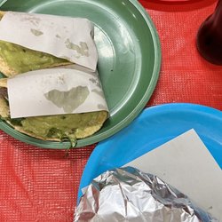 Tacos El Poblano - tacos with avocado salsa a torta