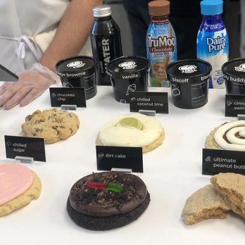 Crumbl - Sunset Valley - They rotate the four cookies on the right every Monday to a new flavor. The chocolate chip and chilled sugar are permanent. - Bakeries Near Me - Austin, Texas