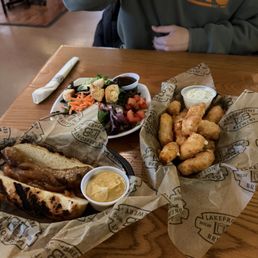 Beer brat, cheese curds, side salad
