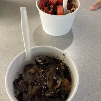 Arctic Ape Wild Desserts - Bottom bowl- Vanilla Custard w/Cocoa Puffs, Oreos, caramel, hot fudge. Top bowl- waffle cone, vanilla yogurt, strawberry's, hot fudge. - Desserts Near Me - San Antonio, Texas Arctic Ape Wild Desserts - Bottom bowl- Vanilla Custard w/Cocoa Puffs, Oreos, caramel, hot fudge. Top bowl- waffle cone, vanilla yogurt, strawberry's, hot fudge. - Desserts Near Me - San Antonio, Texas