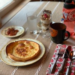 Celibeth House - Finnish pancakes, bacon, a yogurt parfait and a mocha