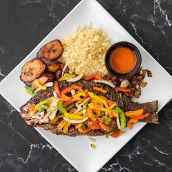 Famous 4 African Restaurant - Attieke with Tilapia and Seasoned Veggies