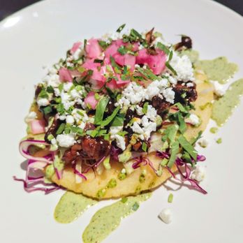 Sazon Latin Kitchen - Venezuelan Arepa, this one is vegetarian with roasted mushrooms, queso fresco, cabbage, pickled vegetables, cilantro crema - Caterers Near Me - Alameda, California