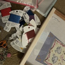 Deb put my stocking on stretcher bars and helped me pick my threads and beads!