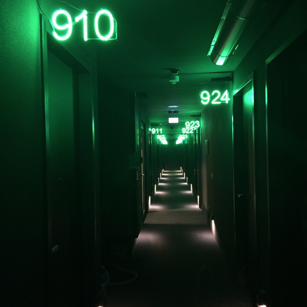 Hallway and neon signs.