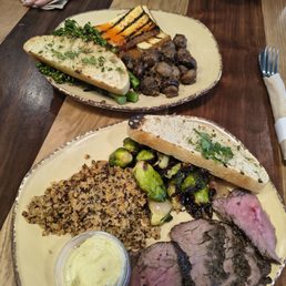 Grilled steak with brussels sprouts, quinoa, and truffle aioli (bottom) + glazed tofu with sesame broccolini and mushrooms (top) Grilled steak with brussels sprouts, quinoa, and truffle aioli (bottom) + glazed tofu with sesame broccolini and mushrooms (top)