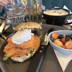 Maison Stivalet - Salmon Bagel, fruit, large latte French vanilla