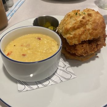 Buttermilk Kitchen - Chicken Biscuit with pimento cheese grits - Breakfast & Brunch Near Me - Atlanta, Georgia