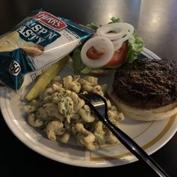 Brunner's Tavern - Burger with mac salad, chips, vegs.
