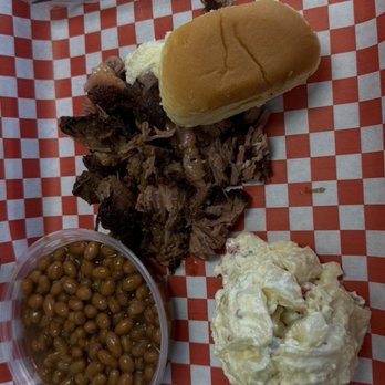 The LA Pit - Chopped brisket, beans, potato salad, and Hawaiian roll!  Thumbs up! - Barbeque Near Me - Gardena, California