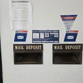 US Post Office - Drop outgoing mail with postage in this slot before 5pm. - Two mail deposit boxes labeled 'MAIL DEPOSIT' are mounted on a white wall, with notices and collection times posted above. - Post Offices Near Me - Covina, California