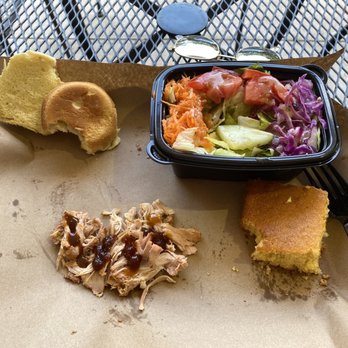 Mission BBQ - Kids meal chicken slider (I took the bun off), side salad and cornbread - Barbeque Near Me - Davie, Florida