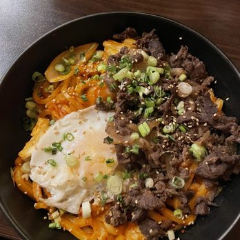Bebap Korean Eats - Kimchi Udon Bokkekum added beef bulgogi - Korean Near Me - Rochester, Minnesota