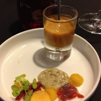 De Blauwe Maan - Amuse bouche: lobster bisque, eggplant foam, pumpkin, and prosciutto - Restaurants Near Me - Leuven, VBR De Blauwe Maan - Amuse bouche: lobster bisque, eggplant foam, pumpkin, and prosciutto - Restaurants Near Me - Leuven, VBR