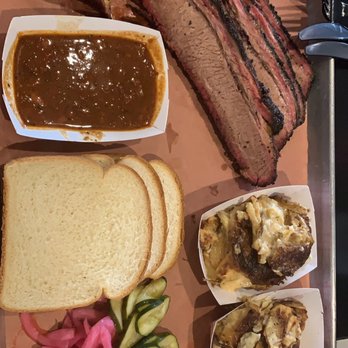 Interstellar BBQ - Brisket, frito pie sausage, scalloped smoked potatoes, beans (they were free!), bread, pickles and onions 7/13 - Barbeque Near Me - Austin, Texas Interstellar BBQ - Brisket, frito pie sausage, scalloped smoked potatoes, beans (they were free!), bread, pickles and onions 7/13 - Barbeque Near Me - Austin, Texas