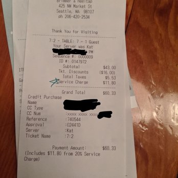 Brimmer & Heeltap - 20% service fee during happy hour actually charged based on non-happy hour pricing which comes out to 30% :( - New American Near Me - Seattle, Washington