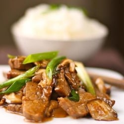 Happy Panda - Mongolian Beef ---- sliced beef, typically flank steak, and stir-fried with vegetables in a savory brown sauce