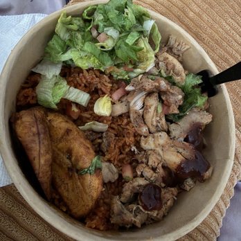 Auntie's House - Chicken Over Jollof Rice with Fried Sweet Plantains & some mixed salad on the side - Spanish Near Me - Pawtucket, Rhode Island Auntie's House - Chicken Over Jollof Rice with Fried Sweet Plantains & some mixed salad on the side - Spanish Near Me - Pawtucket, Rhode Island
