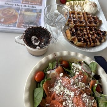 Egg Bomb - Choco Montblanc, Fruity Croffles with Smoked Salmon & Cheese Salad - Breakfast & Brunch Near Me - Langley, British Columbia