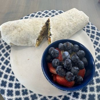 Invited To The Table - Chicken, potato, avocado burrito with a side of fresh fruit - Coffee & Tea Near Me - Pendleton, Indiana