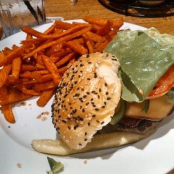 Snake River Brewing - Bison burger with sweet potato fries. - Brewpubs Near Me - Jackson, Wyoming