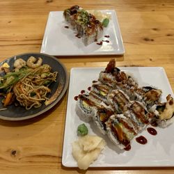 Koi Sushi All You Can Eat - Yakisoba noodles, shrimp tempura roll, smoked salmon roll