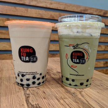 Kung Fu Tea - Oolong milk tea with boba (medium $3.75). Matcha milk cap with boba (medium, $5.50). - Bubble Tea Near Me - Marietta, Georgia