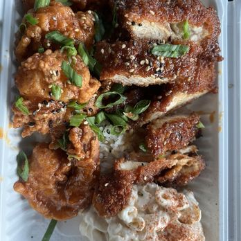 Shootz - Kimchi Butter Katsu Chicken with shrimp, rice & Mac salad - Hawaiian Near Me - Long Beach, California Shootz - Kimchi Butter Katsu Chicken with shrimp, rice & Mac salad - Hawaiian Near Me - Long Beach, California