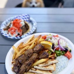 Yiassoo - Lamb Souvlaki Plate w/ greek salad, fries, pita bread | $18.25 (Requested medium rare)