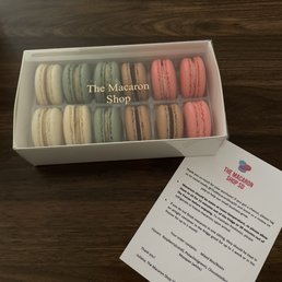 Mixed box macaroons and little card detailing the flavors and care instructions. Mixed box macaroons and little card detailing the flavors and care instructions.