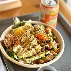 Poke Paradise- Sushi Bowls & Boba Teas - Hawaiian Ahi, spicy ahi, japanese scallops, shrimp, wasabi soy sauce, and sliced avocados with a delicious Aloha Orange Passion juice