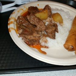 Maresol Restaurant - Beef Mechado, Egg rolls, Rice and Dinuguan.