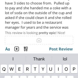 A mobile device displays a restaurant review with a 2-star rating, including text about service and food experience.