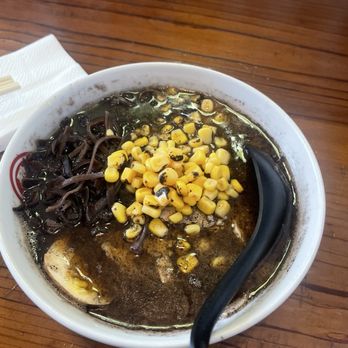 Kashiwa Ramen - Black Garlic Ramen with Swirl Broth, Chicken Cha-Shu (Wavy noodle) sub corn for green onion - Ramen Near Me - Costa Mesa, California