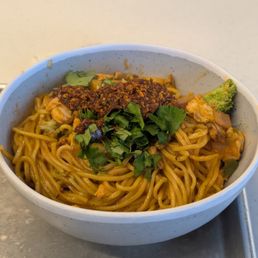 Spicy Garlic noodles with chili crunch on top. Delicious! Spicy Garlic noodles with chili crunch on top. Delicious!