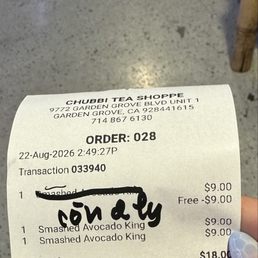 Receipt the cashier told me to keep and show her when I come back for the other two drinks. She wrote on it that I still have two drinks.