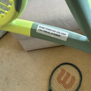 Irvine Tennis - Nice labels to remind you when you brought it and what string and tension - Sporting Goods Near Me - Irvine, California Irvine Tennis - Nice labels to remind you when you brought it and what string and tension - Sporting Goods Near Me - Irvine, California