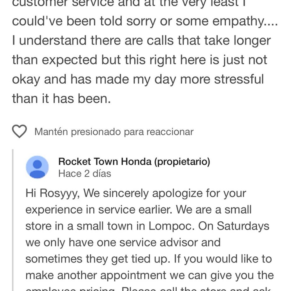 Rocket Town Honda - The original response from rocketown honda about my review on google - Car Dealers Near Me - Lompoc, California Rocket Town Honda - The original response from rocketown honda about my review on google - Car Dealers Near Me - Lompoc, California