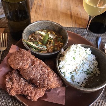 Husk - Fried catfish with rice and okra fish stew. - American Near Me - Charleston, South Carolina Husk - Fried catfish with rice and okra fish stew. - American Near Me - Charleston, South Carolina