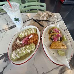 Chicken Enchiladas, Quesabirria, Carnitas and Asada Taco