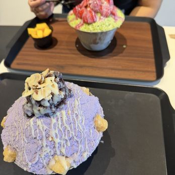 Wicked Snow - Closest is Taro Milk flavored with red bean paste and almonds   Farthest away is Strawberry Matcha - Desserts Near Me - Austin, Texas