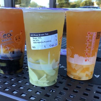 i-Tea - Passion fruit green tea w/ boba & lychee jelly, rose green tea w/ matcha pudding, peach green tea w/ peach boba & pineapple jelly. - Bubble Tea Near Me - Fremont, California