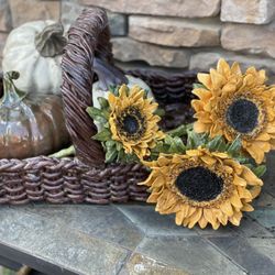 Hand built clay basket, clay sunflowers and clay pumpkins