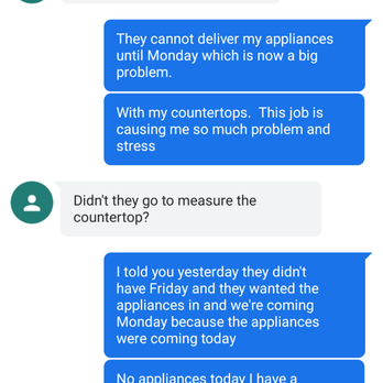 The Only Finish Carpentry - these are text messages showing how he doesn't keep up with timeline and barely show up - Carpenters Near Me The Only Finish Carpentry - these are text messages showing how he doesn't keep up with timeline and barely show up - Carpenters Near Me