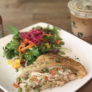 Red Umbrella Cafe - Chicken pot pie with side salad and iced vanilla latte - Breakfast & Brunch Near Me - Vancouver, British Columbia